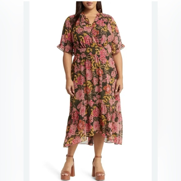 Maggy London Women’s Sz 16W Floral Maxi Dress Black Pink Asymmetrical Hem Lined - Picture 1 of 4